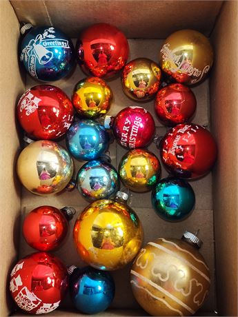 Box full of VTG Shiny Brite Ornaments Red, Blue, Gold