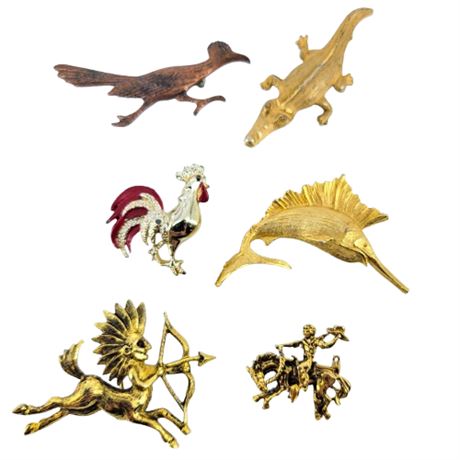 Vintage Lot of 6 Gold Tone Animal Brooches