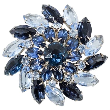 Vintage Prong Set Blue Rhinestone Navette Domed Swirl Brooch
