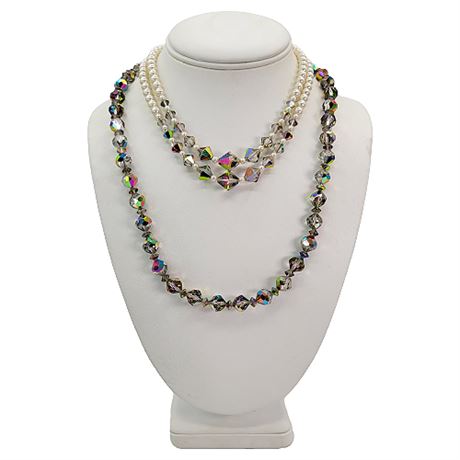 Pair Vintage Aurora Borealis Crystal Bead Necklaces