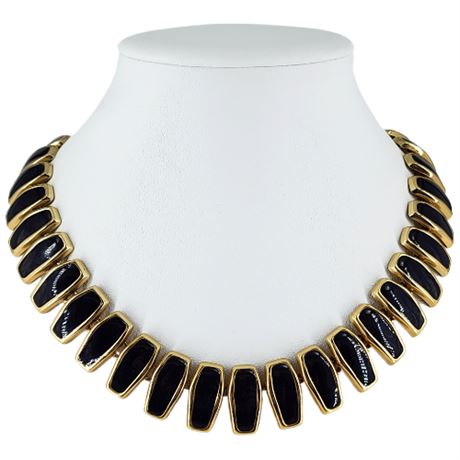 Vintage 80s Coffin Link Black Enamel Gold Tone Necklace