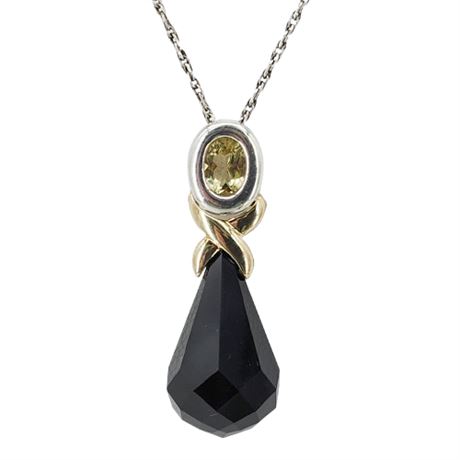 Signed Sterling Silver & 14K Gold Citrine & Black Onyx Pendant Necklace