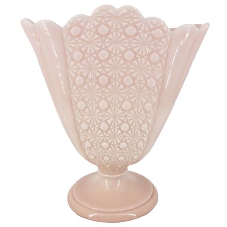 Vintage 1952 Fenton Pastel Pink Rose Milk Glass "Daisy and Button" Fan Vase