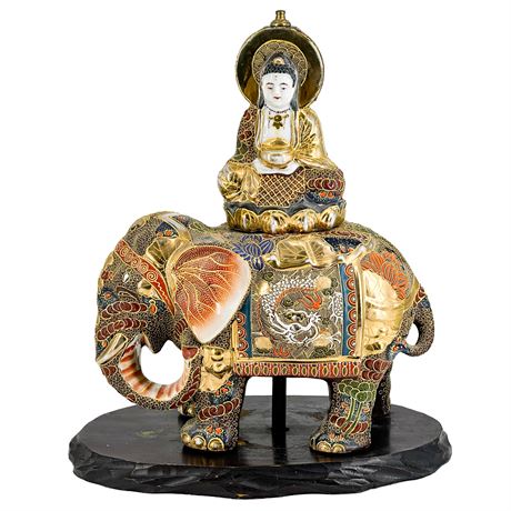 Vintage Satsuma Style Ceramic Buddha & Elephant Sculpture