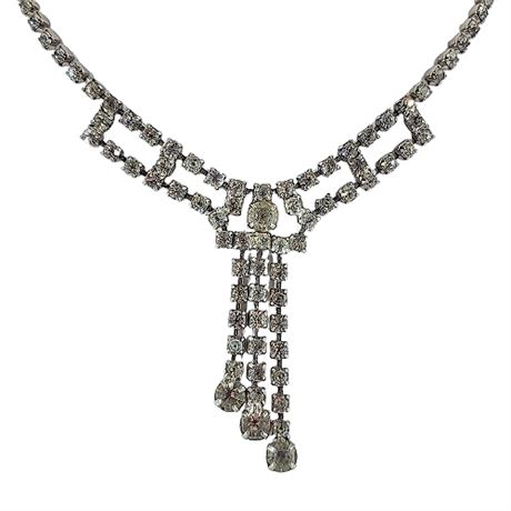 Vintage Prong Set Clear Rhinestone Triple Drop Necklace