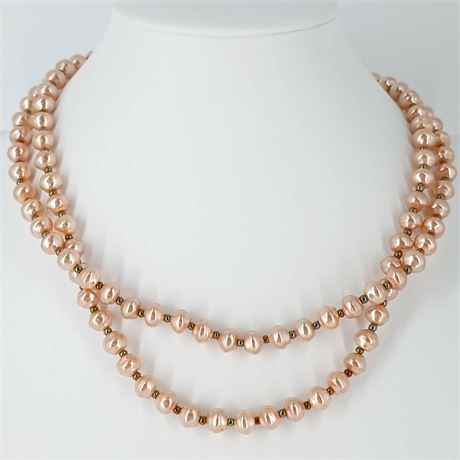 Vintage Double Strand Peach Faux Pearl Necklace with Drop — Adjustable