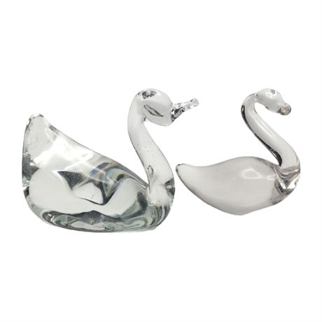 Two Small Clear Art Glass Swan Figurines