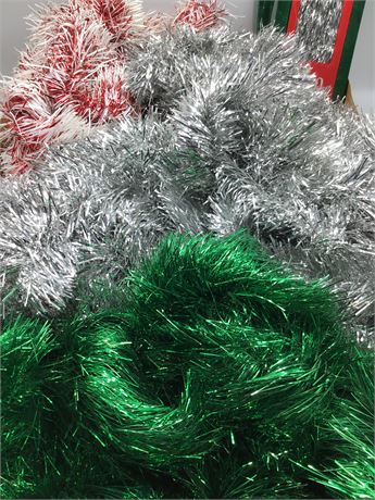 Vintage Holiday Green, Silver, White & Red Christmas Tree Garland Lot
