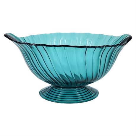 Vintage Jeannette Swirl Ultramarine Blue Green Footed Glass Bowl