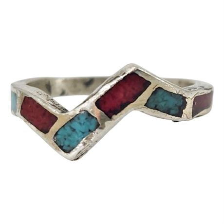 Vintage Sterling Silver Turquoise & Coral Chip Inlay Ring, Sz 4