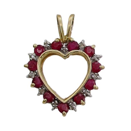 10K Yellow Gold Ruby & Diamond Accent Heart Pendant 1.5g