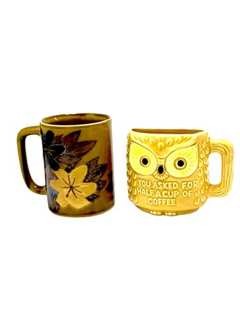 Vtg Ceramic Owl "1/2 Cup" Mug and Floral Otagiri Stone Mug