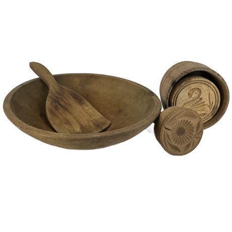 Antique Wooden Butter Bowl & Butter Presses