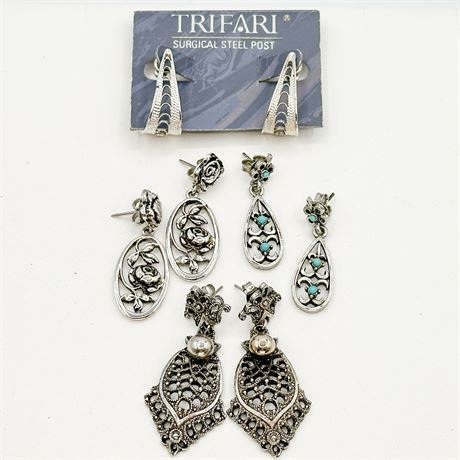 Lot of 4 Vintage Silver Tone Filigree Dangle Earrings