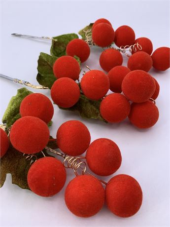 3 NOS Mid Century Red Velvet Berry Cluster Wreath, Mantel, Decorations