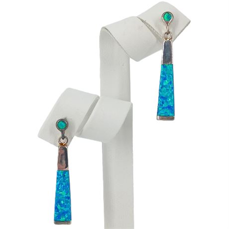 Sterling Silver Blue Opal Inlay Dangle Earrings – Modern Geometric Drop – 4.8g