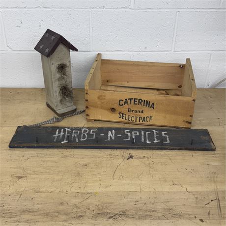 Birdhouse, Sign and Grape Box