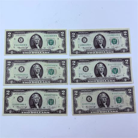 6 AU-UNC 1976 $2 Bills