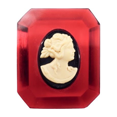 Red Lucite Cameo Brooch