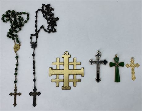 6 Religious Catholic Prayer Madonna, Christ, Sterling Silver Rosary & Crucifix