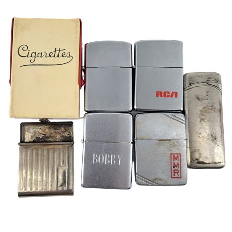 Vintage Metal Lighters / Plastic Cigarette Case