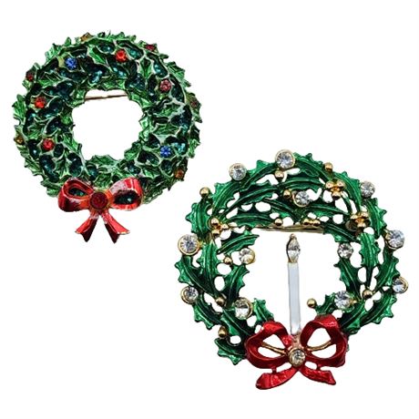 Pair Rhinestone Christmas Wreath Brooches