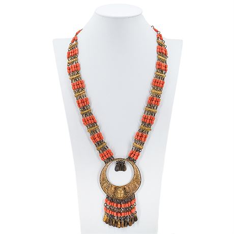 Vintage Egyptian Revival Filigree Statement Necklace w/ Scarab