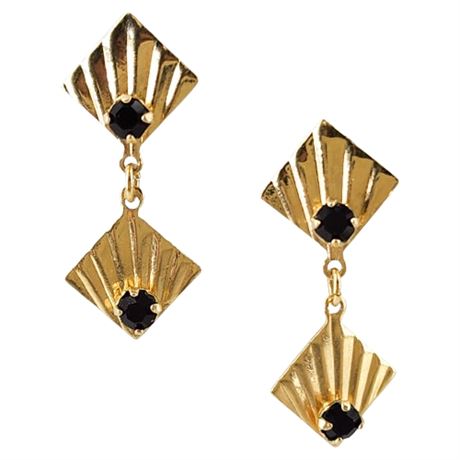 Vintage 14K Gold & Black Rhinestone Post Back Earrings