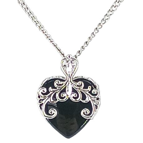 Black Heart Filigree Pendant Necklace (Victorian-Revival Style)