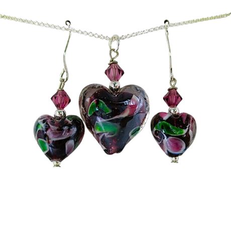 Artisan Glass HEARTS Necklace & Earring Set in Box