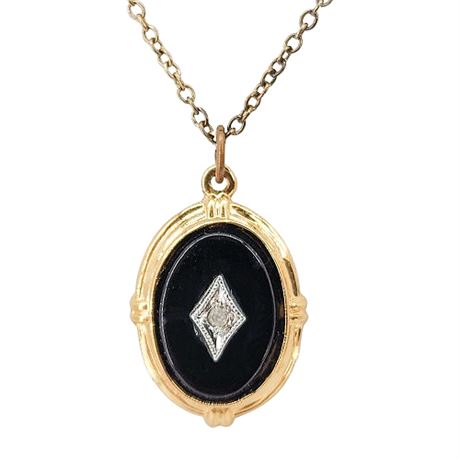 Vintage Gold Tone Black Onyx & Genuine Diamond Pendant Necklace