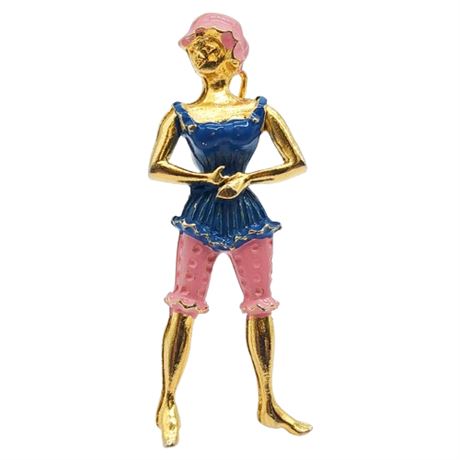 Vintage Enameled Gold Tone Bathing Beauty Brooch
