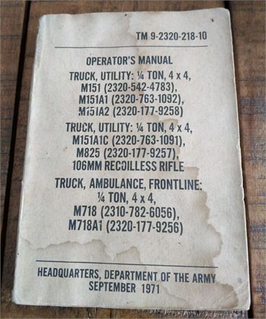 1971 DEPARTMENT OF THE ARMY Truck Utility Ambulance Frontline Operators Manual