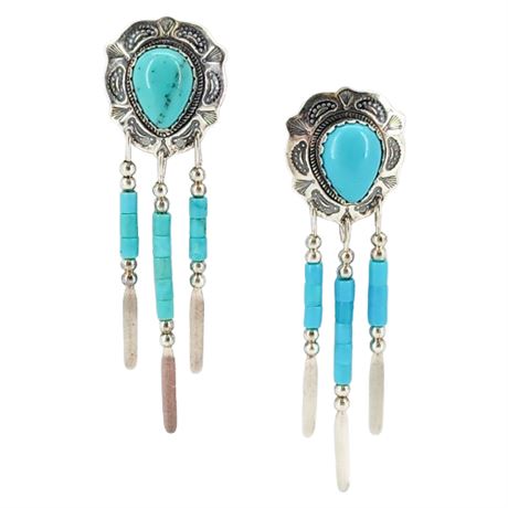 Vintage QUOC TURQUOISE Sterling Silver Native Style Pierced Earrings