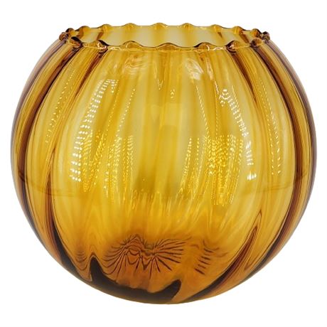 Mid-Century Italian Empoli Ribbed Amber Art Glass Fishbowl Vase
