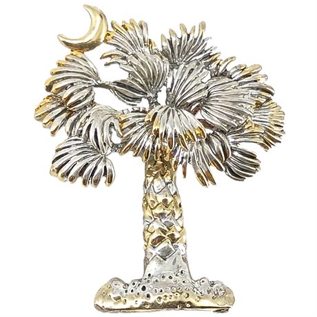 Vintage Palm Tree Crescent Moon Brooch & Pendant, Gold-Tone & Silver-Tone
