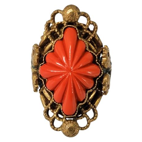 Vintage Victorian Revival Molded Coral Glass Ring, Sz 3