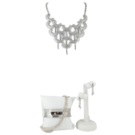 Statement Bib Necklace, Cuff Bracelet, Anklet and Earrings in Silver-Tone