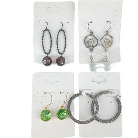 Earrings Lot - Silver Tone Hoops, Crystal Drops & Green Glass Dangles