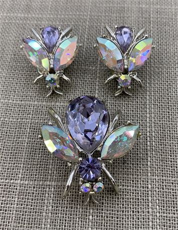 3 pc Changeable Lavender Aurora Borealis Bee Pin & Clip Earrings