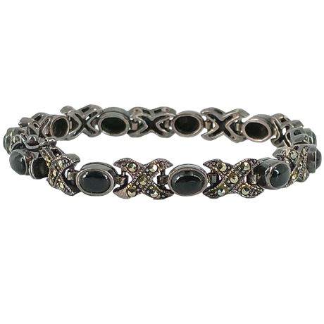 Vintage FAS 925 Sterling Silver Bracelet — Black Cabochon & Marcasite Bracelet