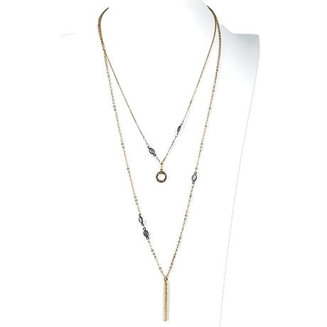 Layered Gold-Tone Necklace with Crystal Accents & Drop Bar Pendant