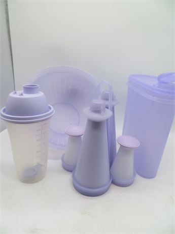 NEW VINTAGE TUPPERWARE PURPLE SALAD SEASONING SET, COLLANDER, QUICK SHAKE CONT.