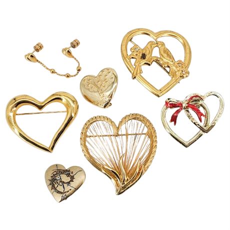Seven Vintage Gold Tone Heart Brooches, Some Signed
