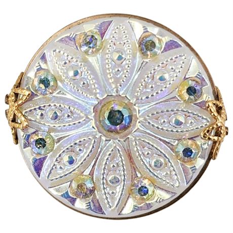 Vintage HILLCRAFT White Molded Carnival Glass Aurora Borealis Rhinestone Brooch