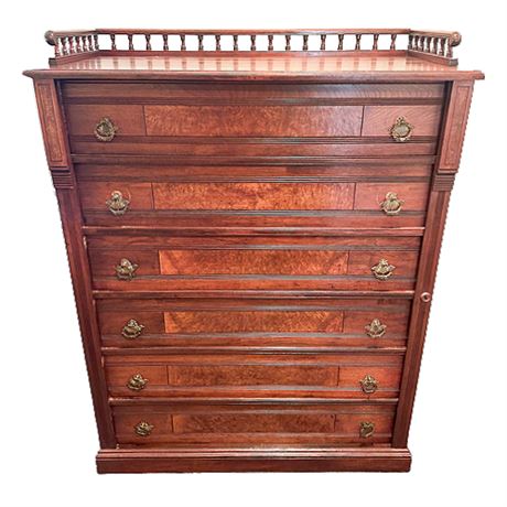 Antique Mahogany & Burlwood Highboy Dresser w/ Knapp Joint Drawers
