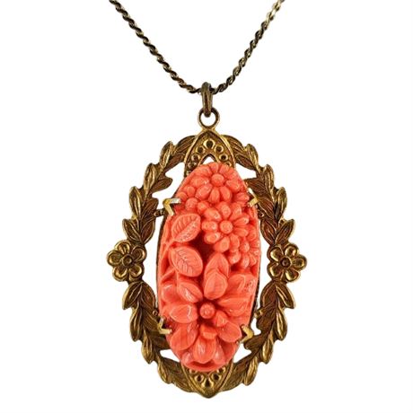 Vintage Coral Colored Celluloid Pendant Necklace