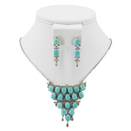 Modern Silver Tone Genuine Turquoise & CZ Necklace & Earrings Set