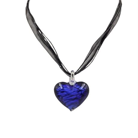 Black Ribbon Band with Blue Art Glass Heart Pendant Necklace