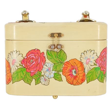 1975 Hand-Made Painted Handbag, Lunchbox Style with Mirror and Lucite Handles
